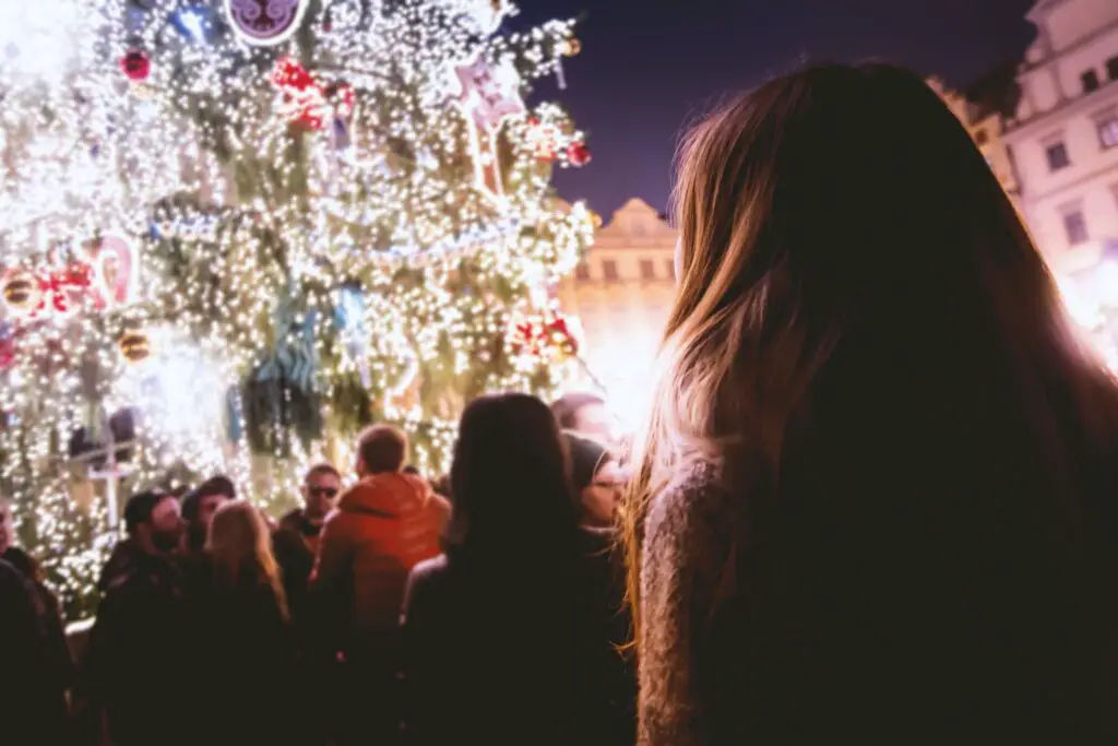 People Standing Facing Christmas Tree With Lights during Night Time